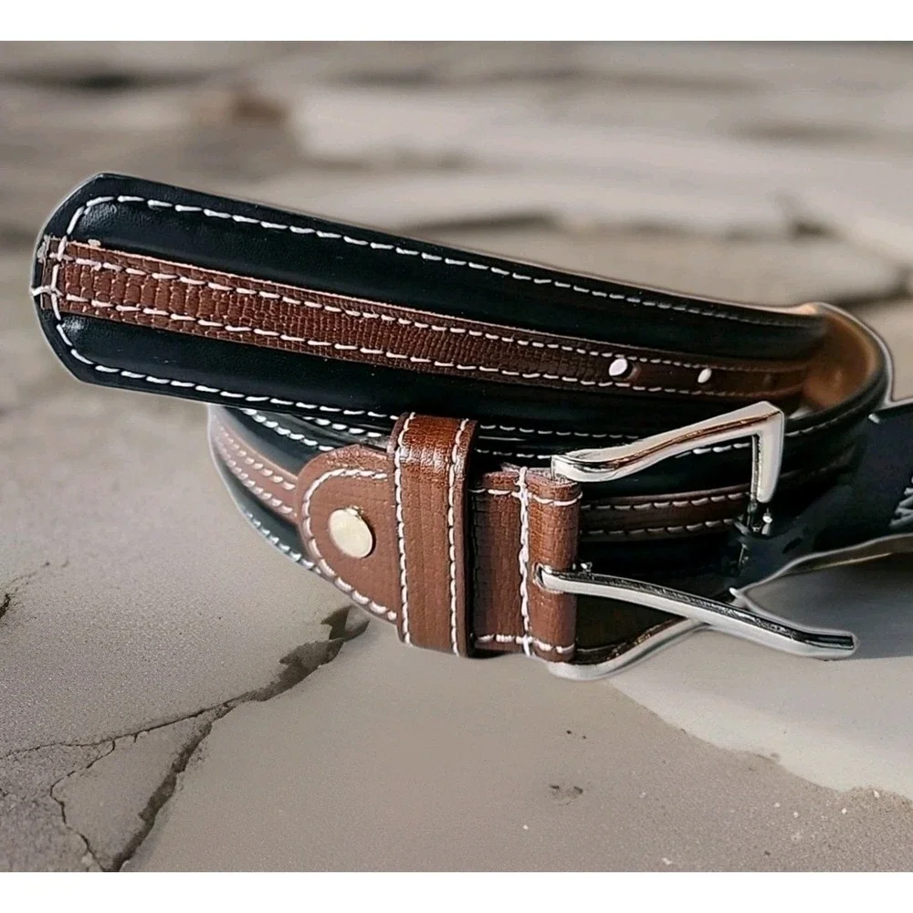 NWT Men's XL 42-44 Black/Brown Stripe Genuine Leather Belt Silver Buckle Modern